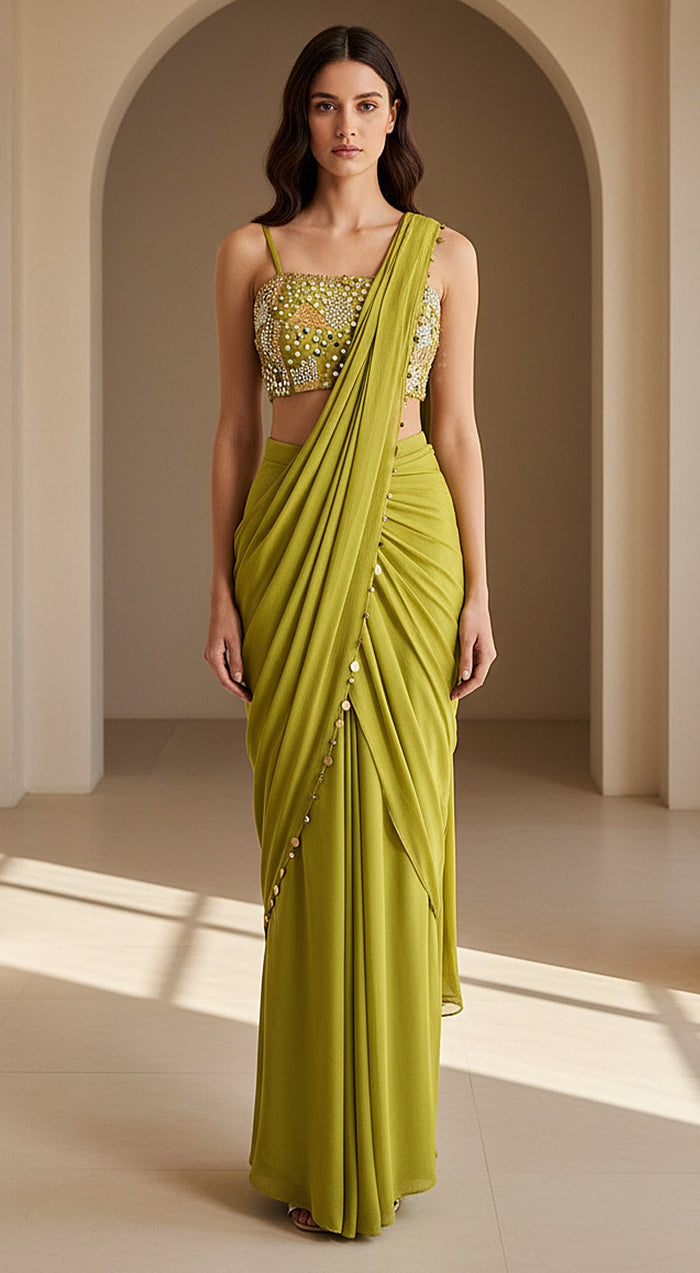 Green Chinon Embroidered Draped Saree