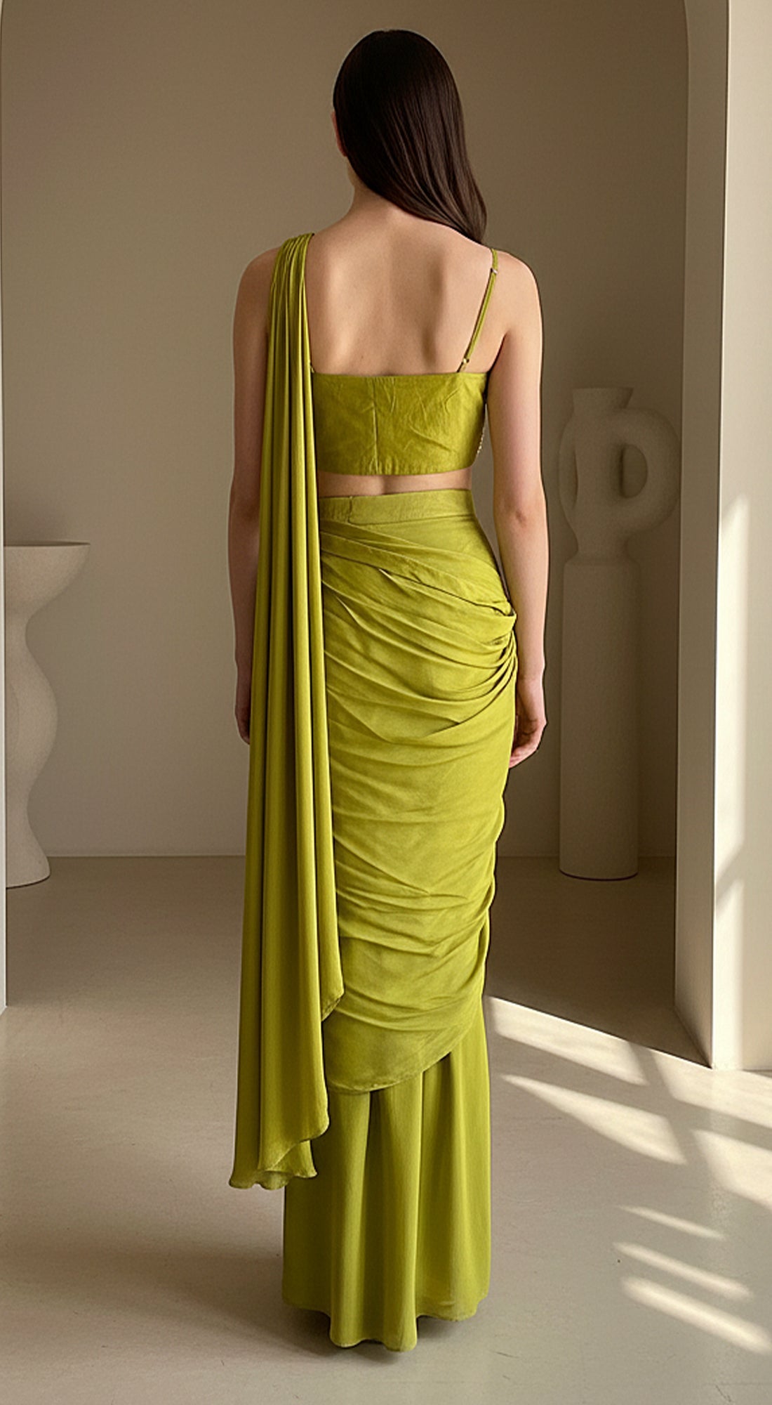 Green Chinon Embroidered Draped Saree