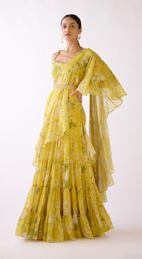 Yellow Embellished Floral Draped Saree