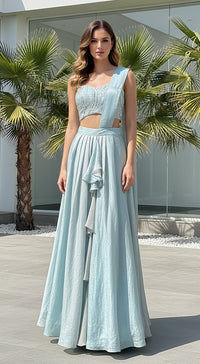 Aqua Crushed Tissue Draped Saree