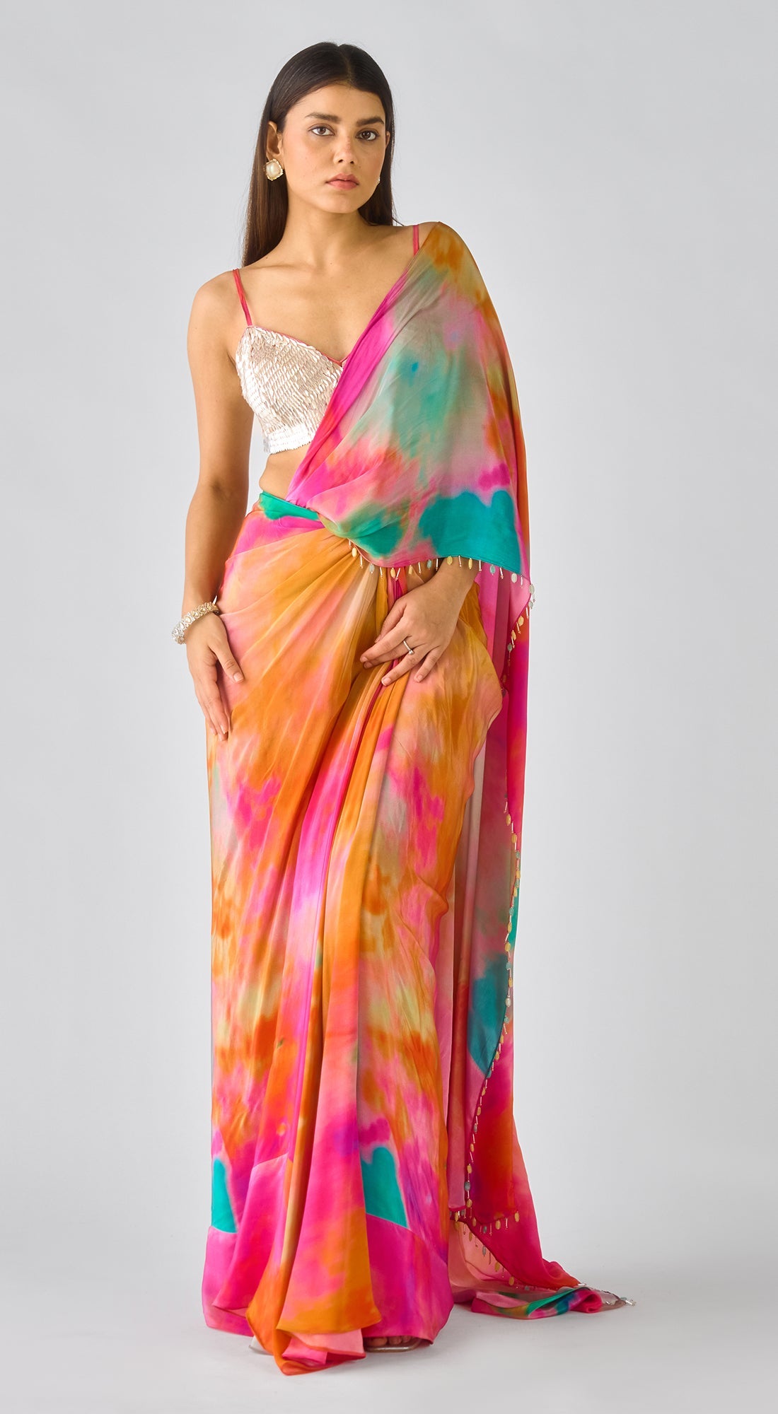Multi Crepe Embroidered Abstract Draped Saree