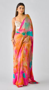 Multi Crepe Embroidered Abstract Draped Saree