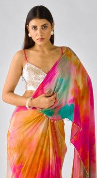 Multi Crepe Embroidered Abstract Draped Saree