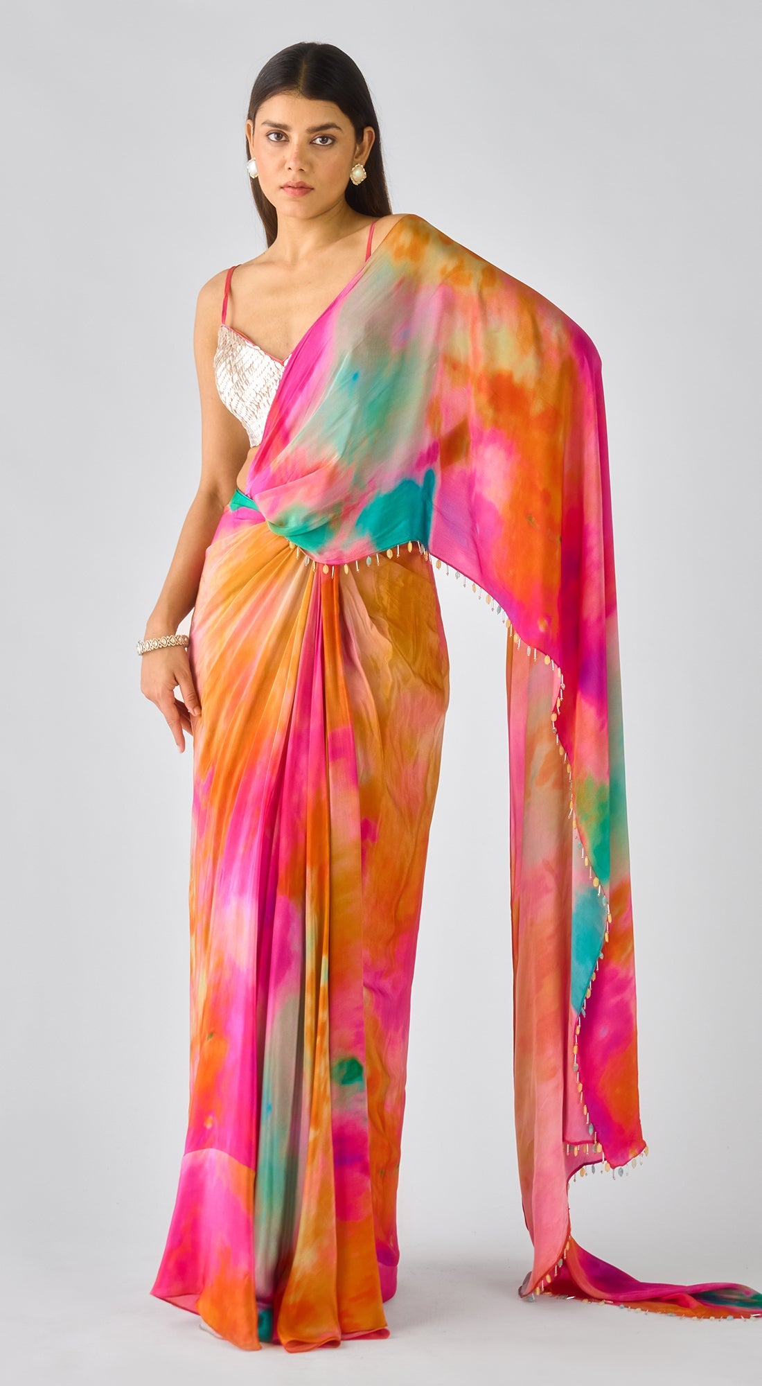 Multi Crepe Embroidered Abstract Draped Saree
