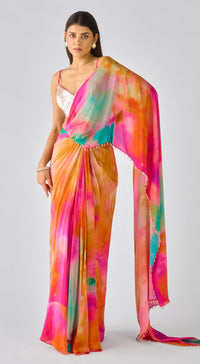 Multi Crepe Embroidered Abstract Draped Saree