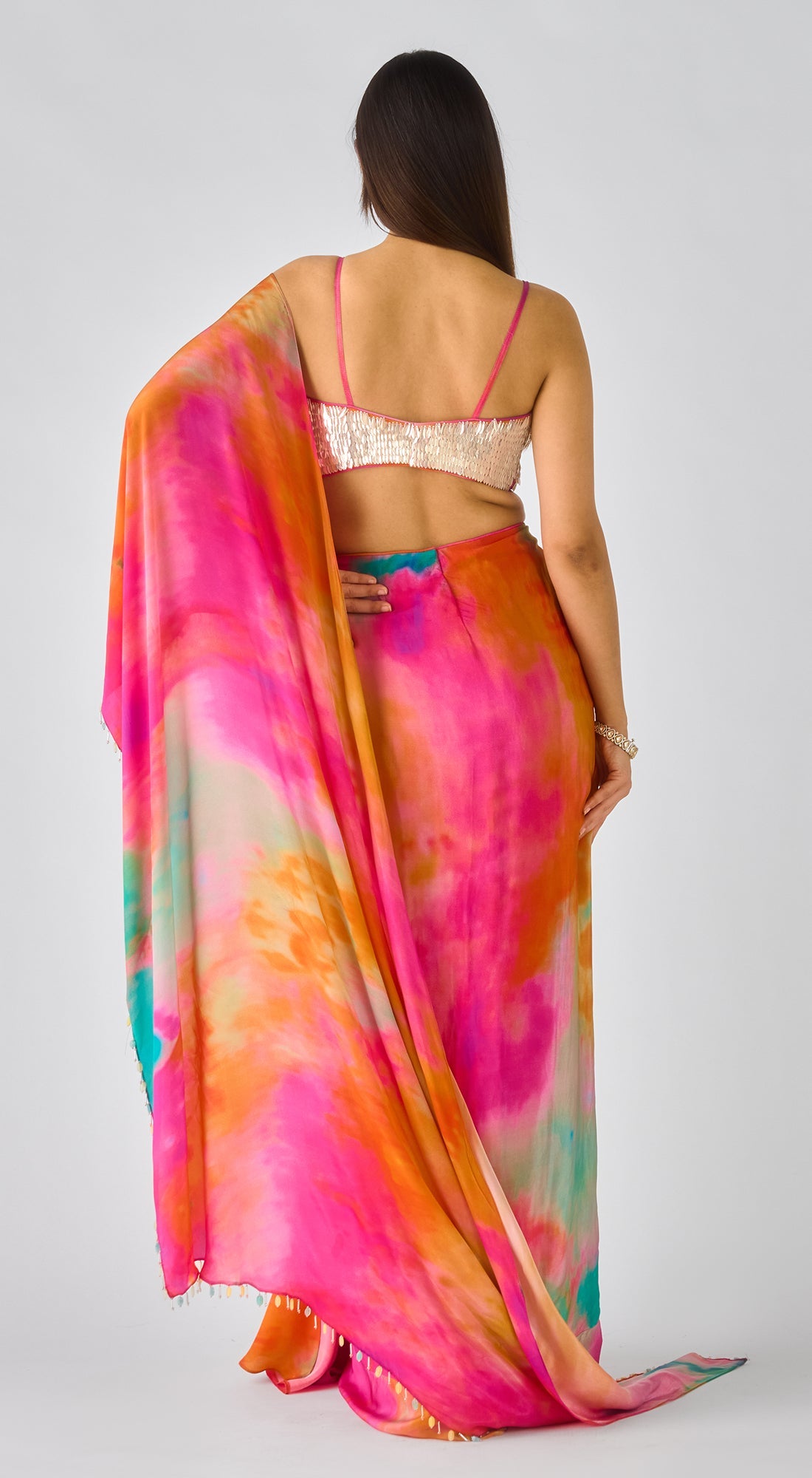 Multi Crepe Embroidered Abstract Draped Saree