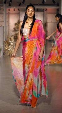 Multi Crepe Embroidered Abstract Draped Saree