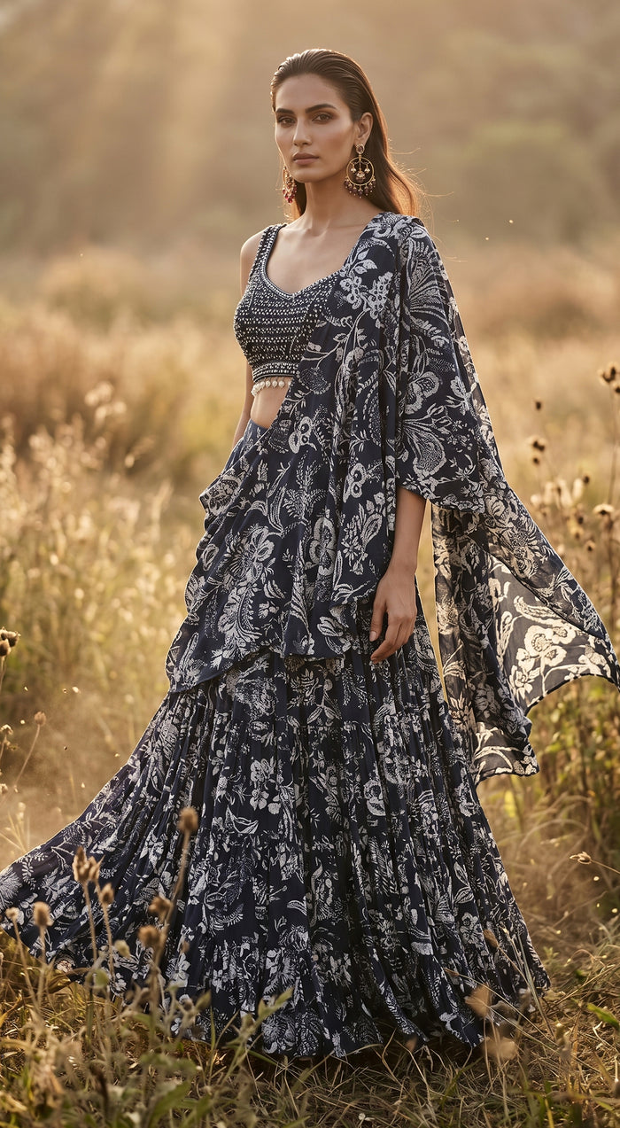 Black Crepe Draped Saree Set