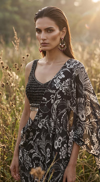 Black Crepe Draped Saree Set
