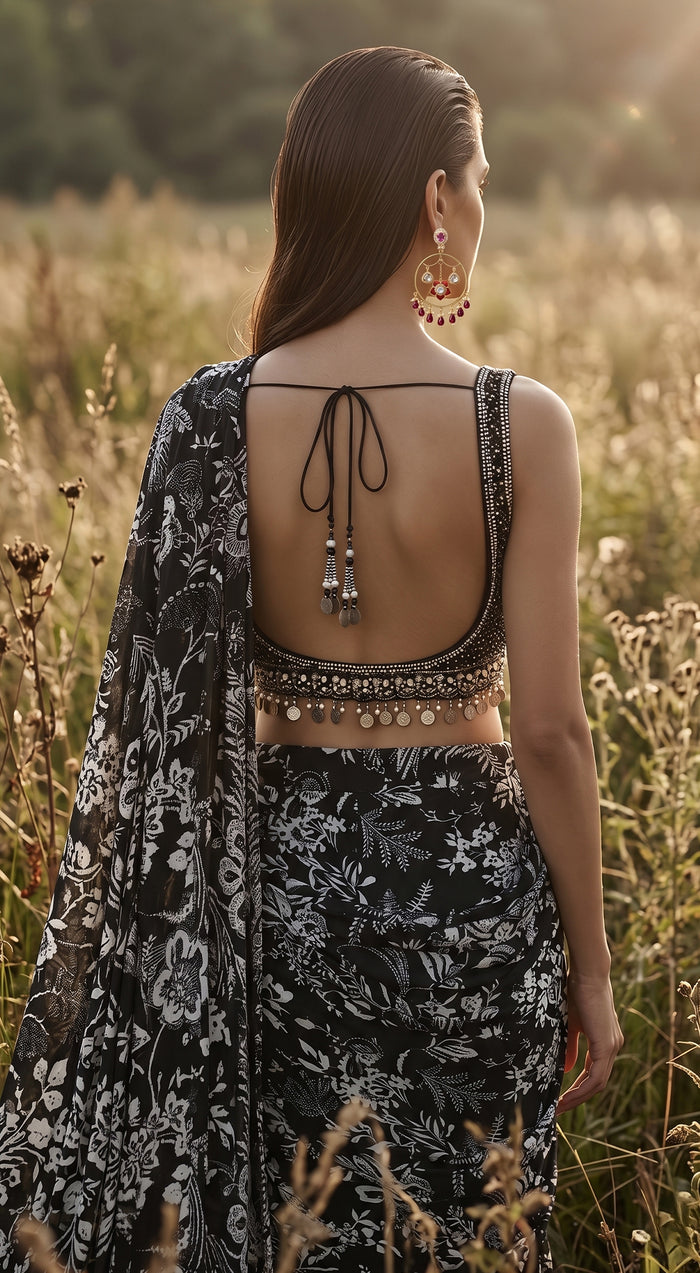 Black Crepe Draped Saree Set