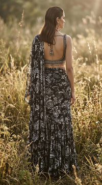 Black Crepe Draped Saree Set