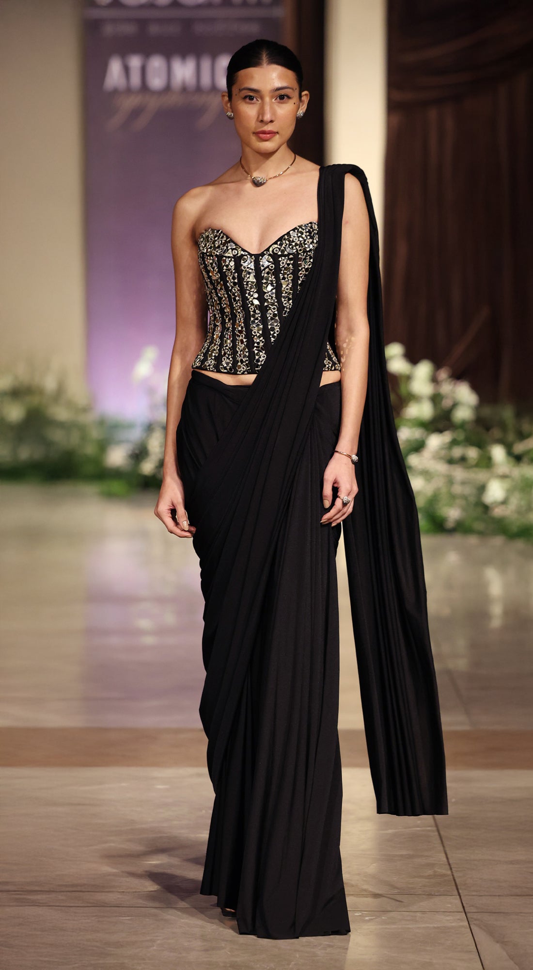 Black Corset Draped Saree Set