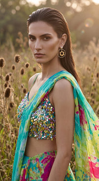 Aqua Crepe Embroidered Saree