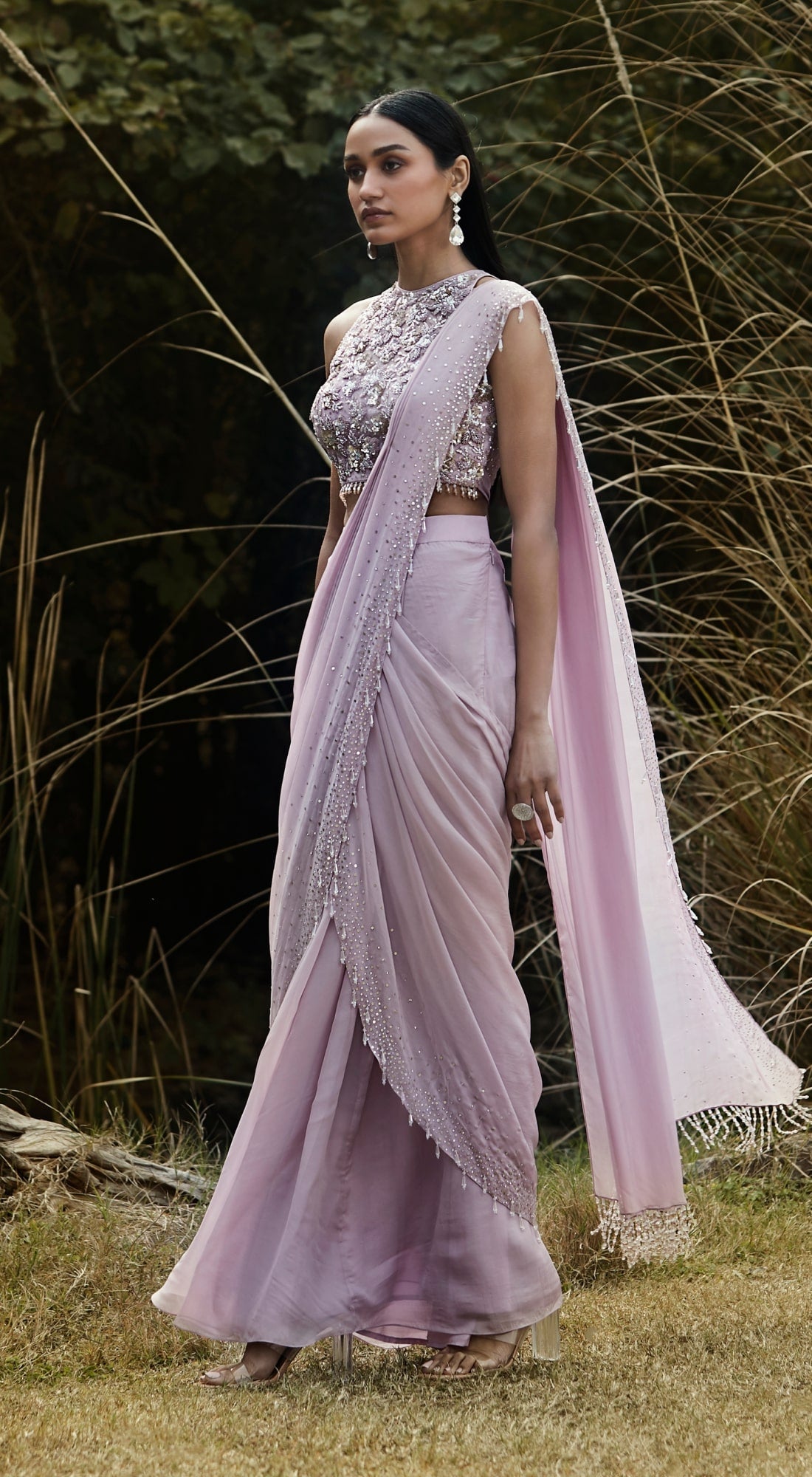 Lilac Embroidered Pre Draped Saree