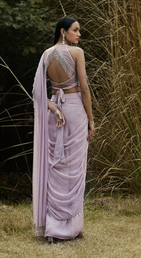 Lilac Embroidered Pre Draped Saree