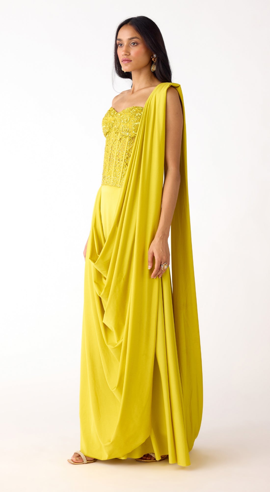 Lime Lycra Embroidered Draped Saree