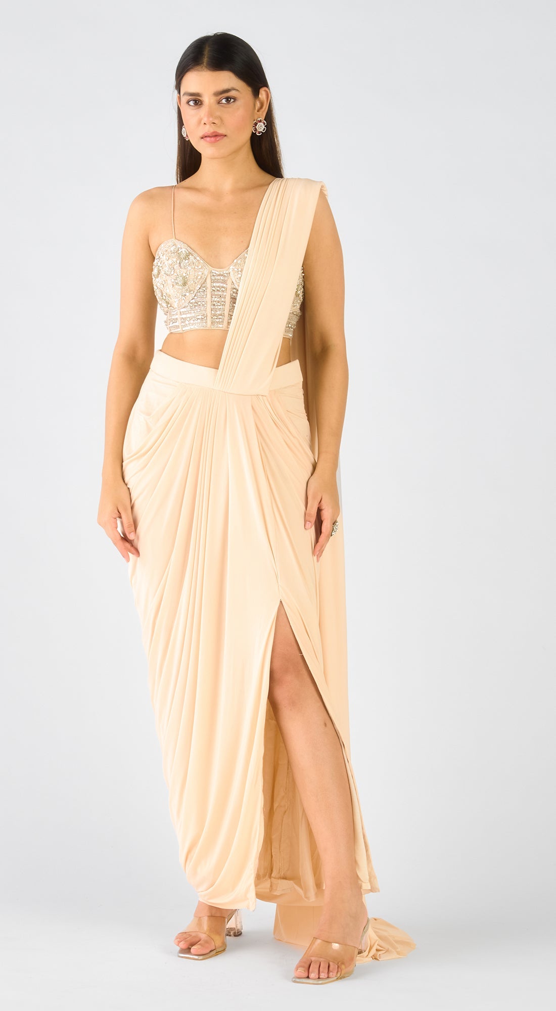 Ivory Viscose Organza Embroidered Draped Saree