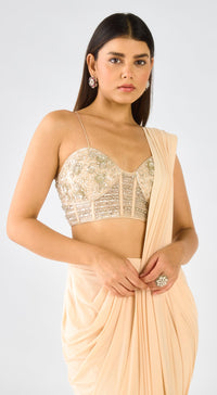 Ivory Viscose Organza Embroidered Draped Saree