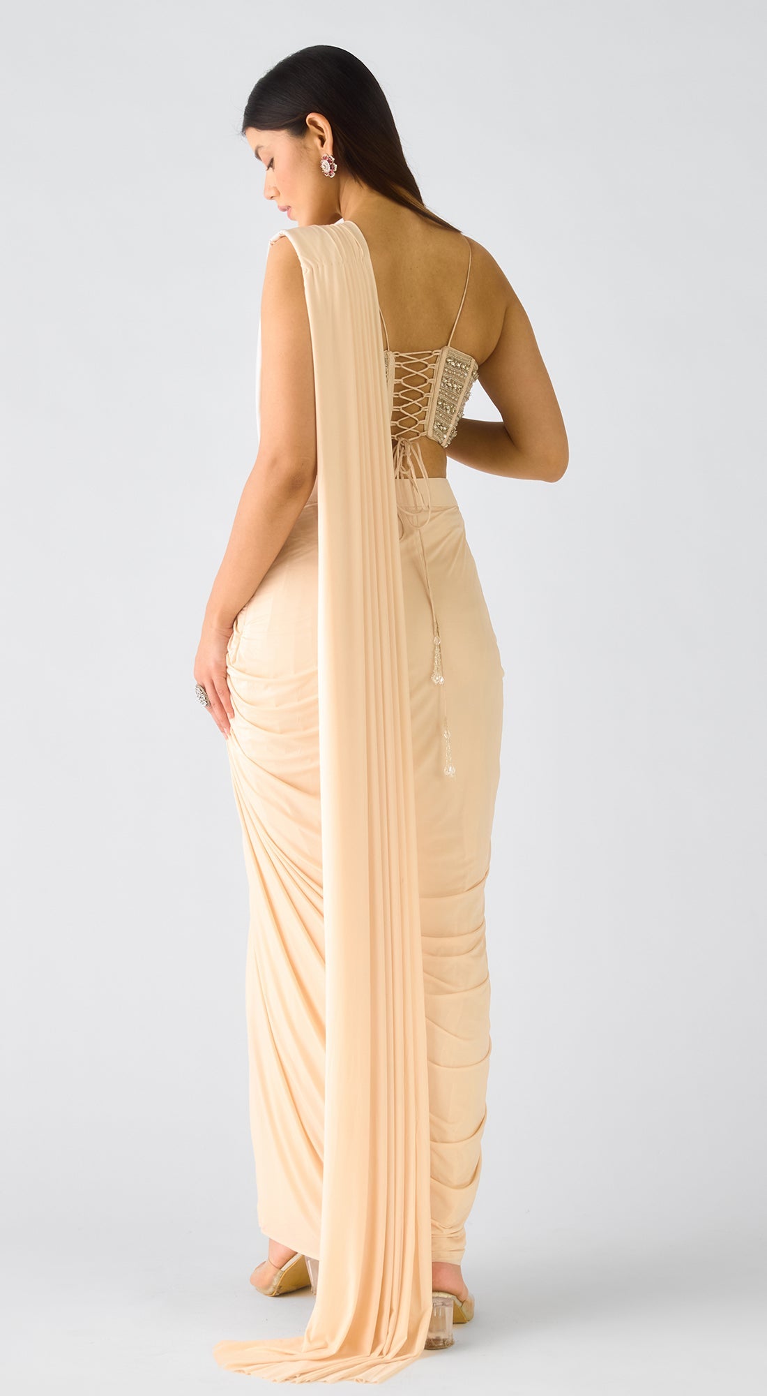 Ivory Viscose Organza Embroidered Draped Saree