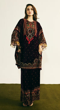 Wine Velvet Embroidered Kurta Set