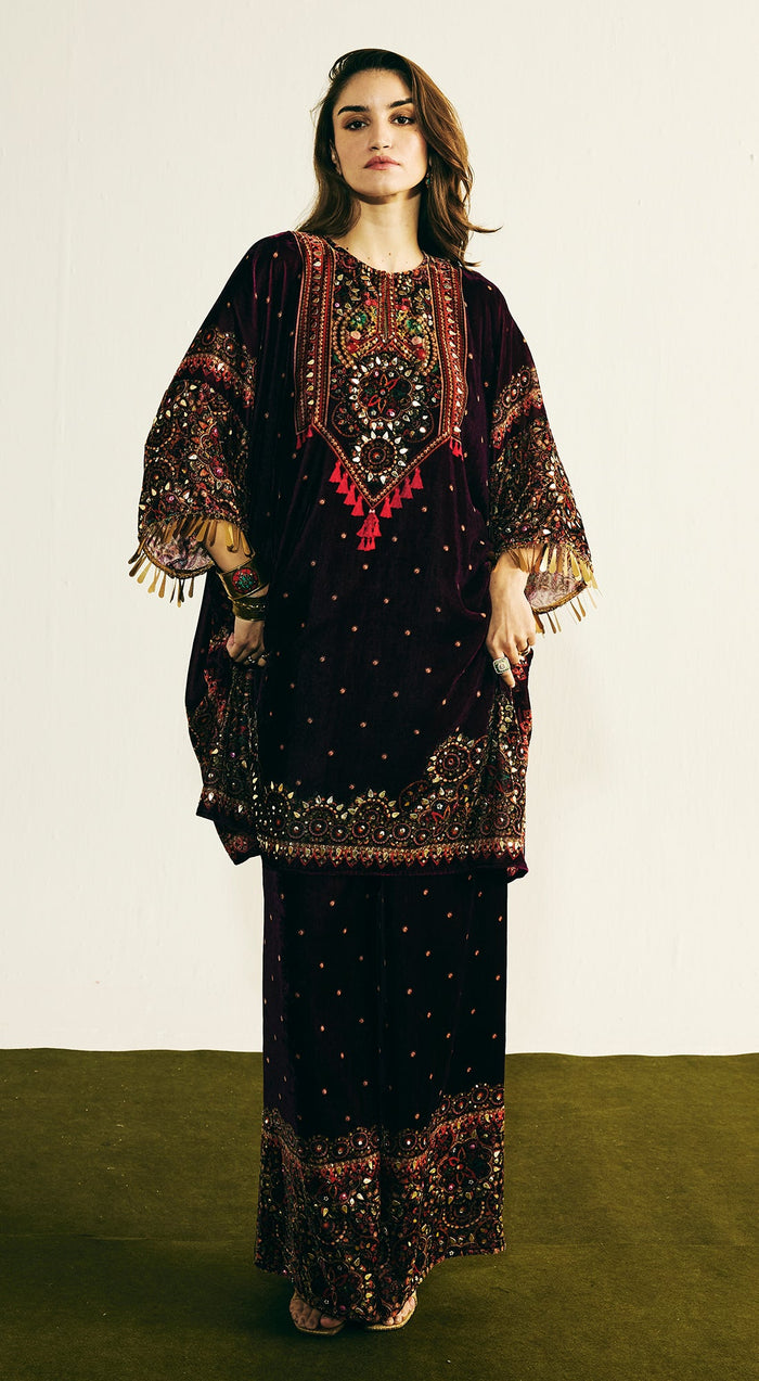 Wine Velvet Embroidered Kurta Set