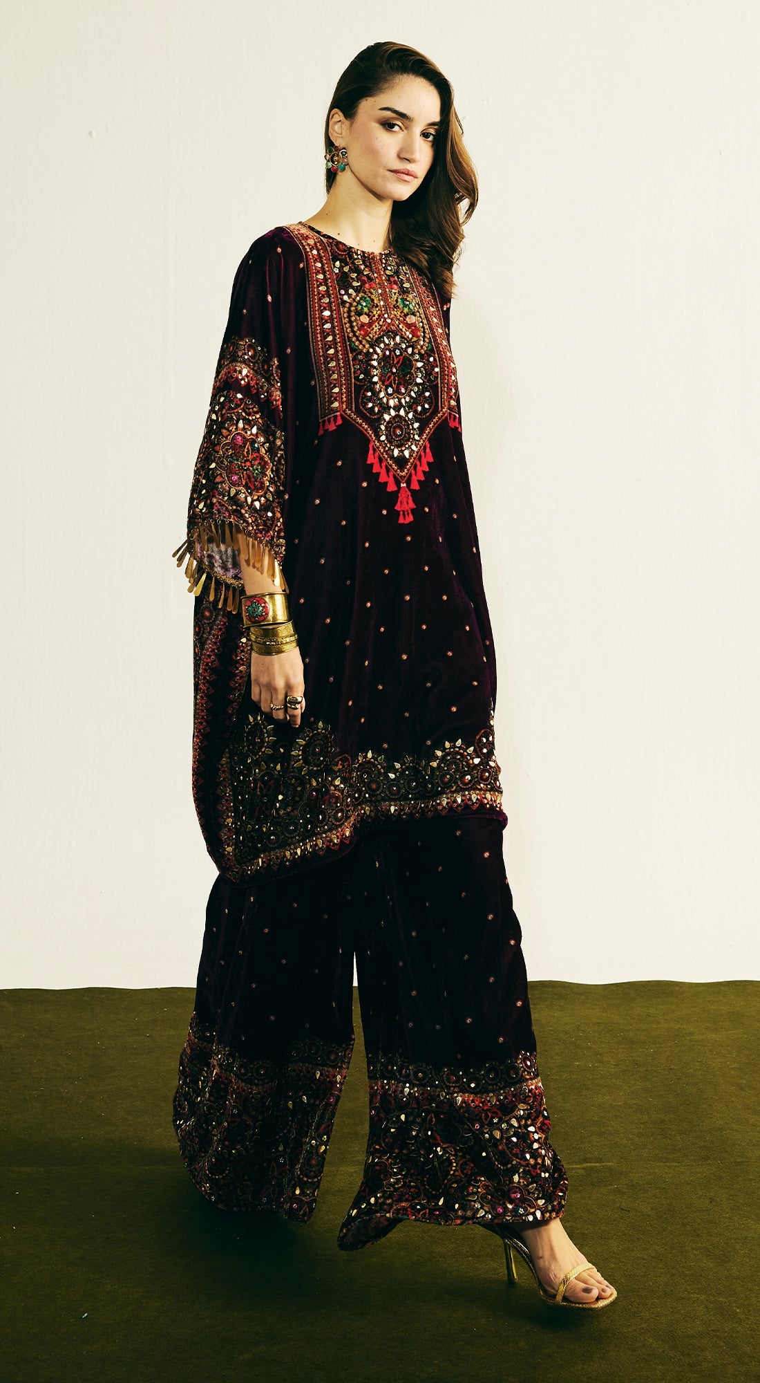 Wine Velvet Embroidered Kurta Set