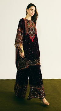 Wine Velvet Embroidered Kurta Set