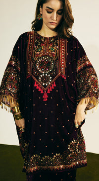 Wine Velvet Embroidered Kurta Set