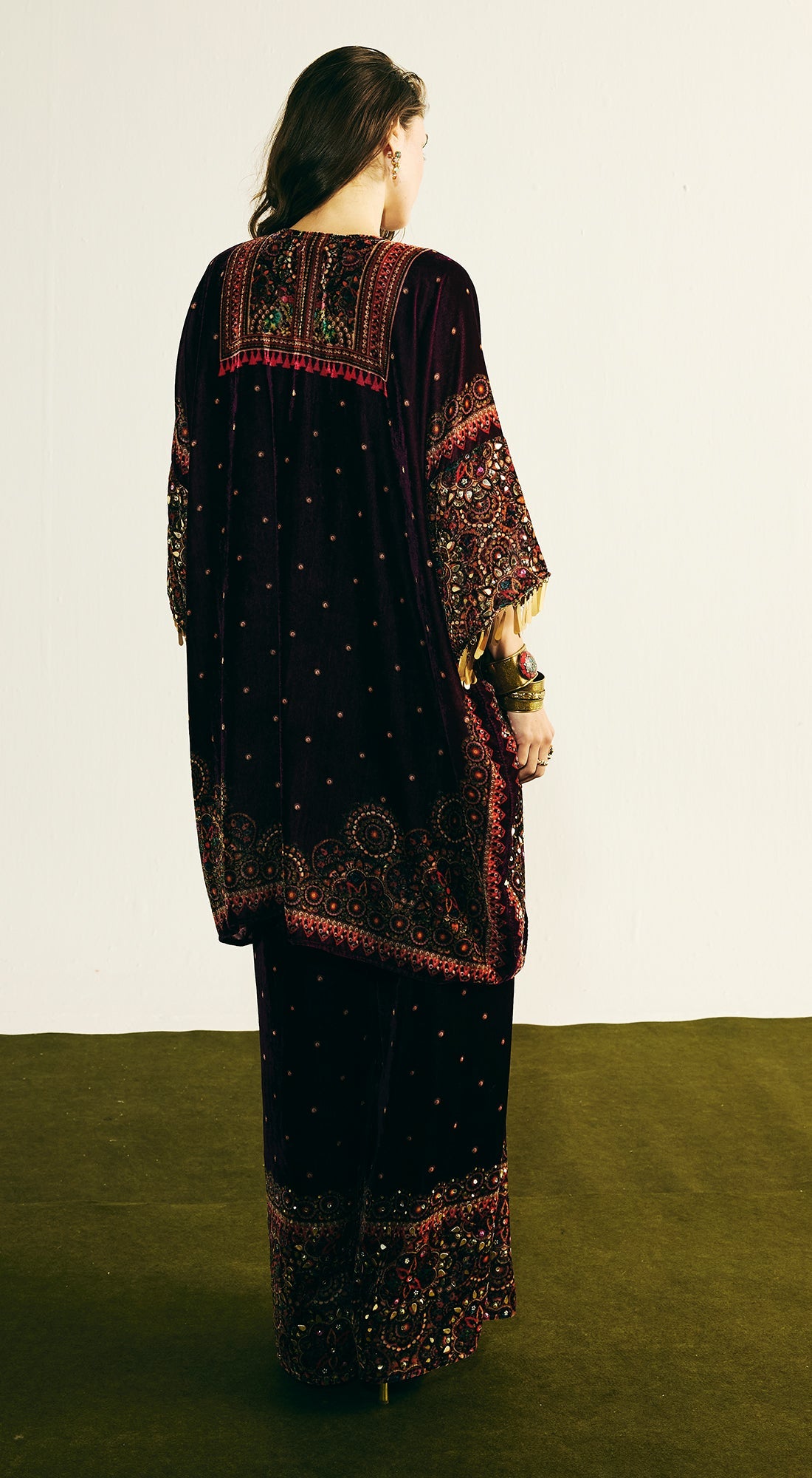 Wine Velvet Embroidered Kurta Set