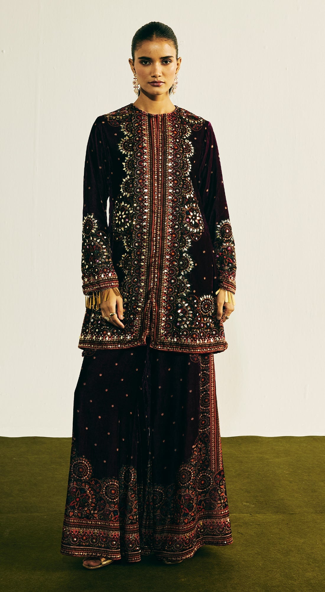 Wine Velvet Embroidered Kurta Set