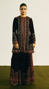 Wine Velvet Embroidered Kurta Set