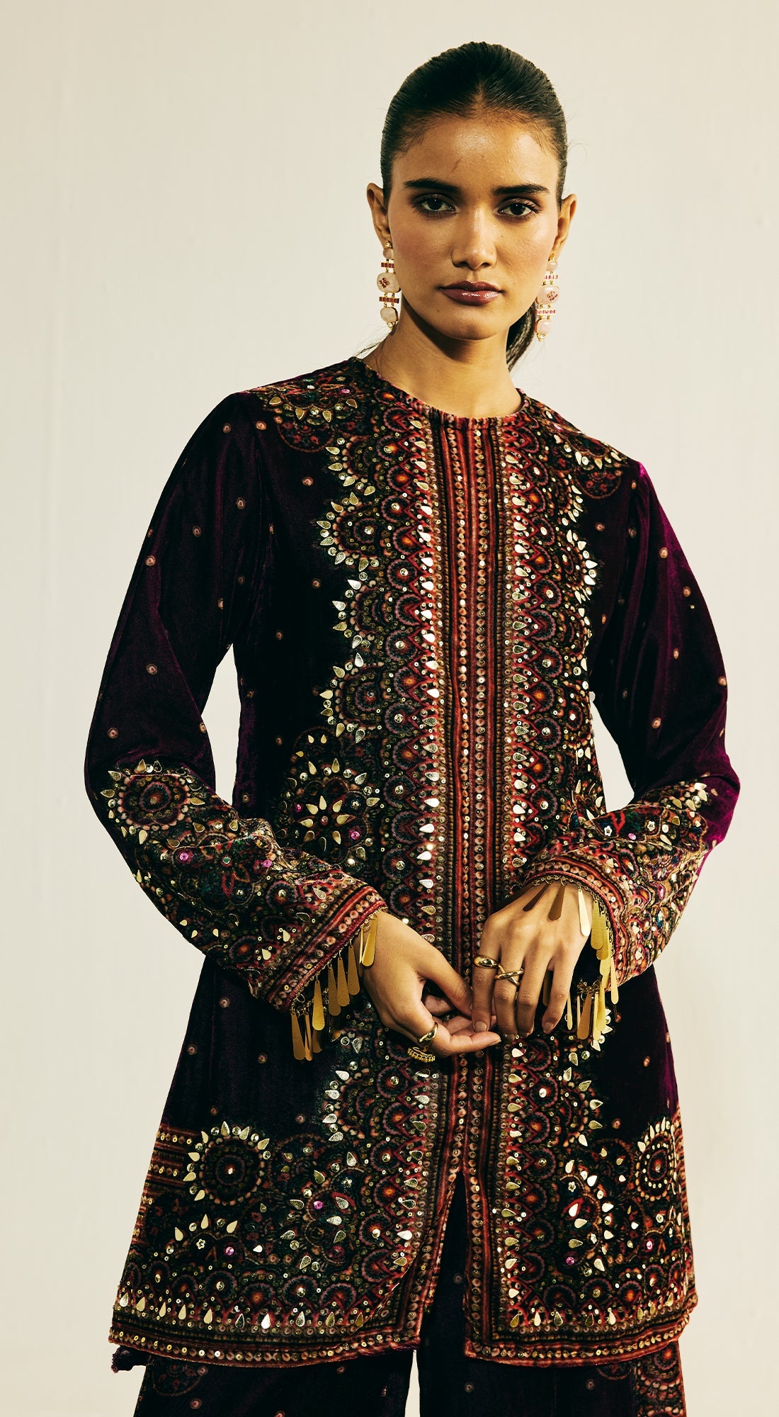 Wine Velvet Embroidered Kurta Set