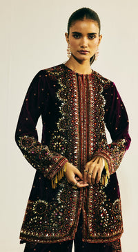 Wine Velvet Embroidered Kurta Set