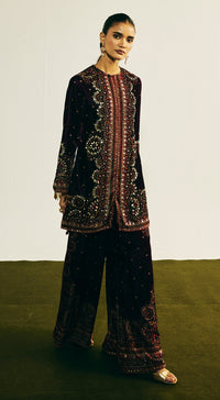Wine Velvet Embroidered Kurta Set