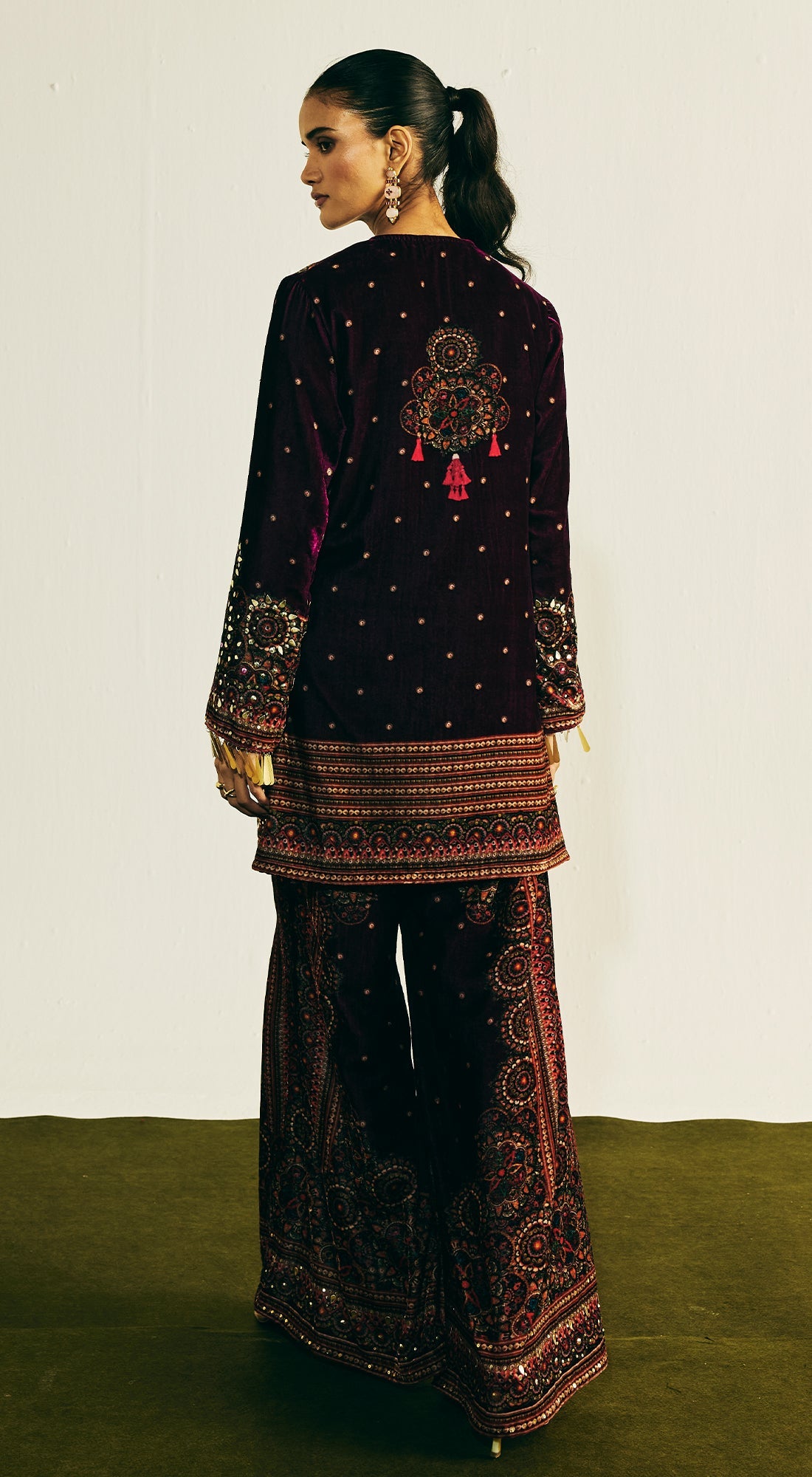 Wine Velvet Embroidered Kurta Set