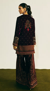 Wine Velvet Embroidered Kurta Set