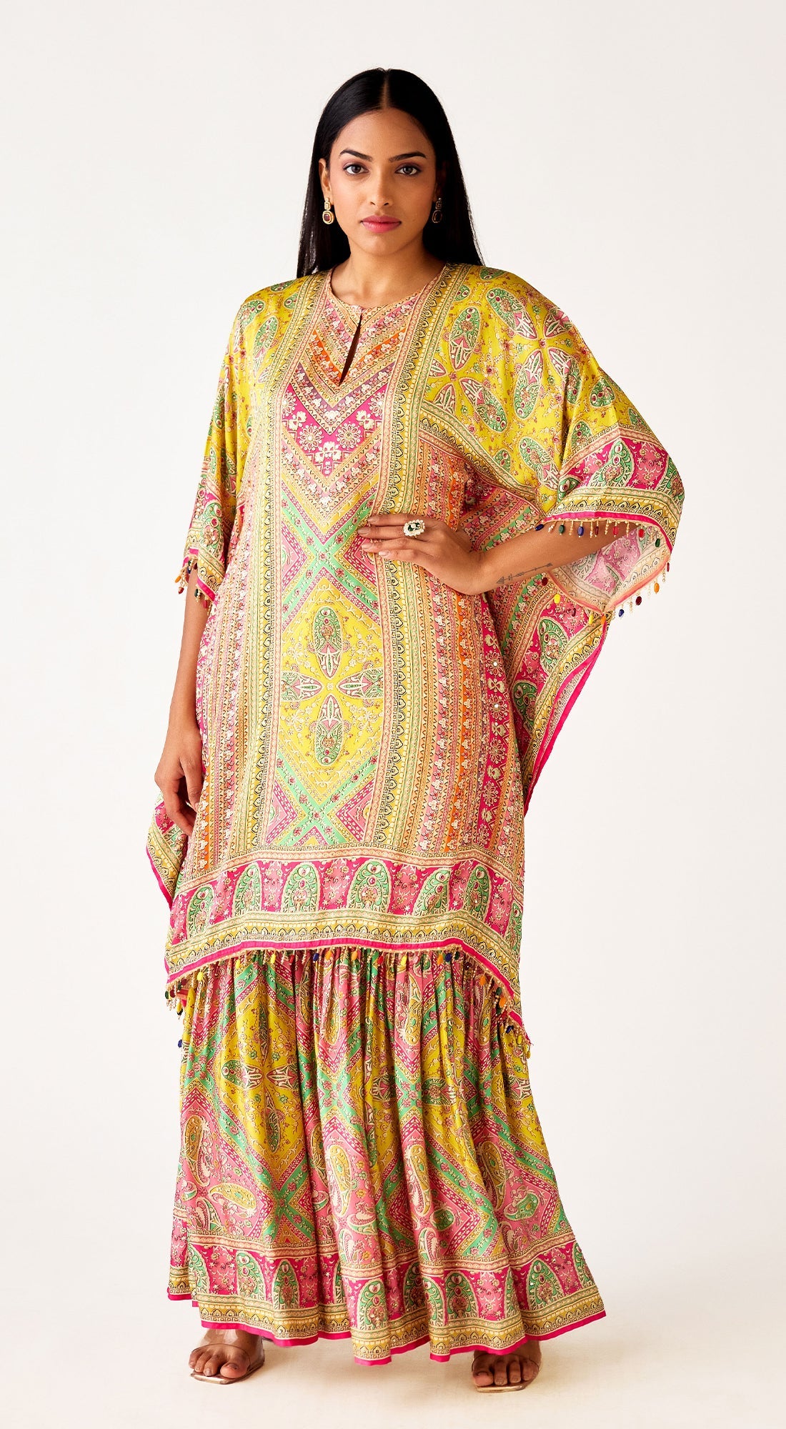 Multi Satin Embroidered Kaftan Co-ord Set