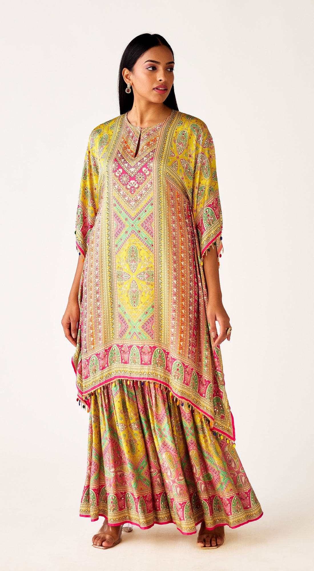 Multi Satin Embroidered Kaftan Co-ord Set