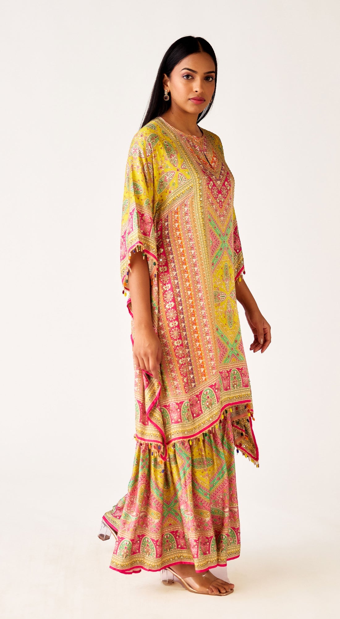 Multi Satin Embroidered Kaftan Co-ord Set