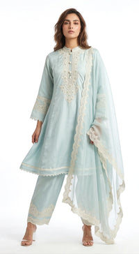 Aqua Cotton Embroidered Kurta Set