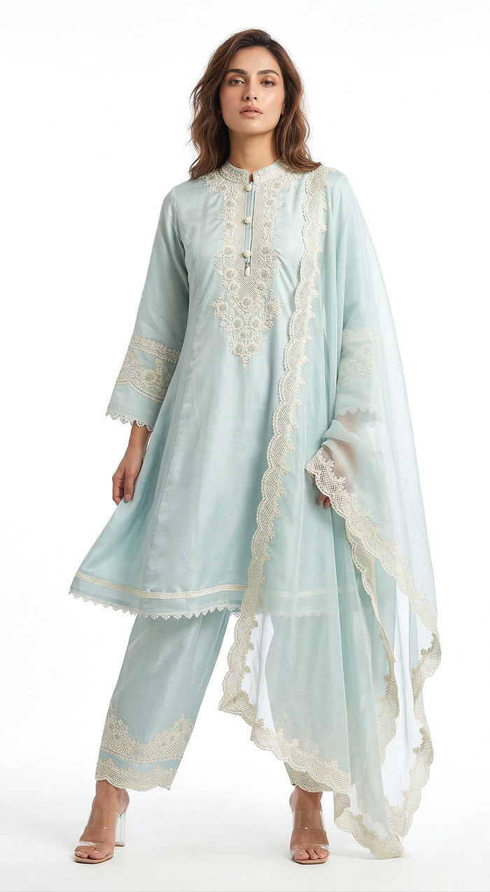 Aqua Cotton Embroidered Kurta Set
