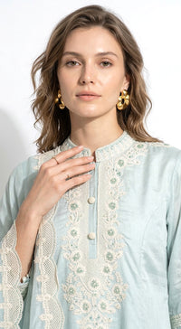 Aqua Cotton Embroidered Kurta Set
