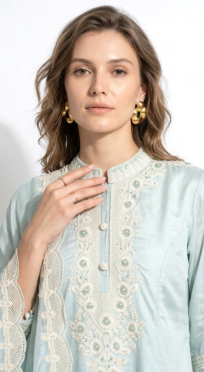 Aqua Cotton Embroidered Kurta Set
