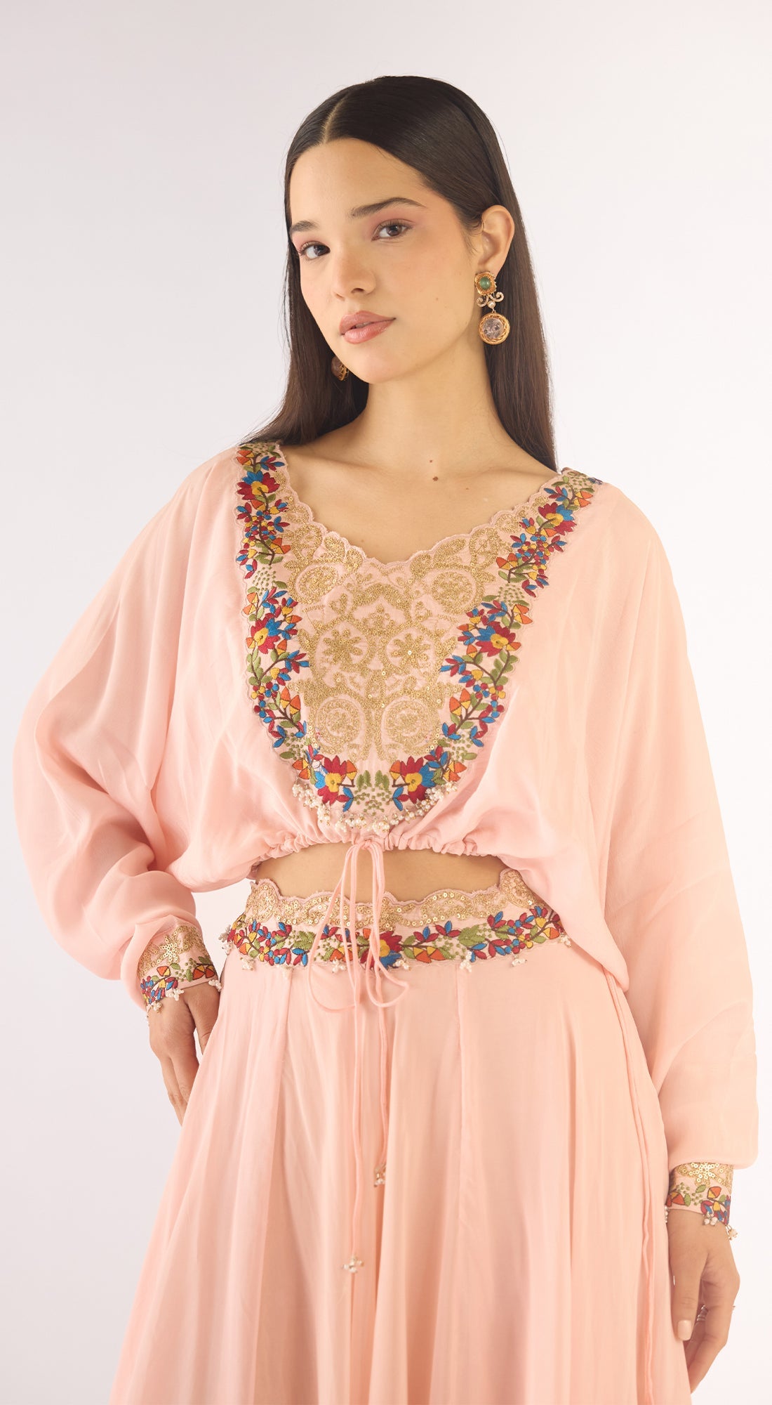 Pink Satin Crepe Embroidered Skirt Set