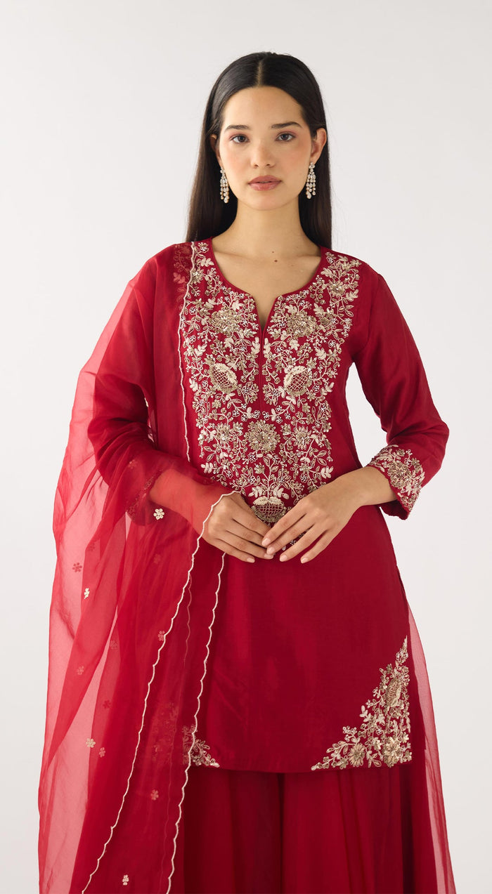 Red Chanderi Embroidered Sharara Set