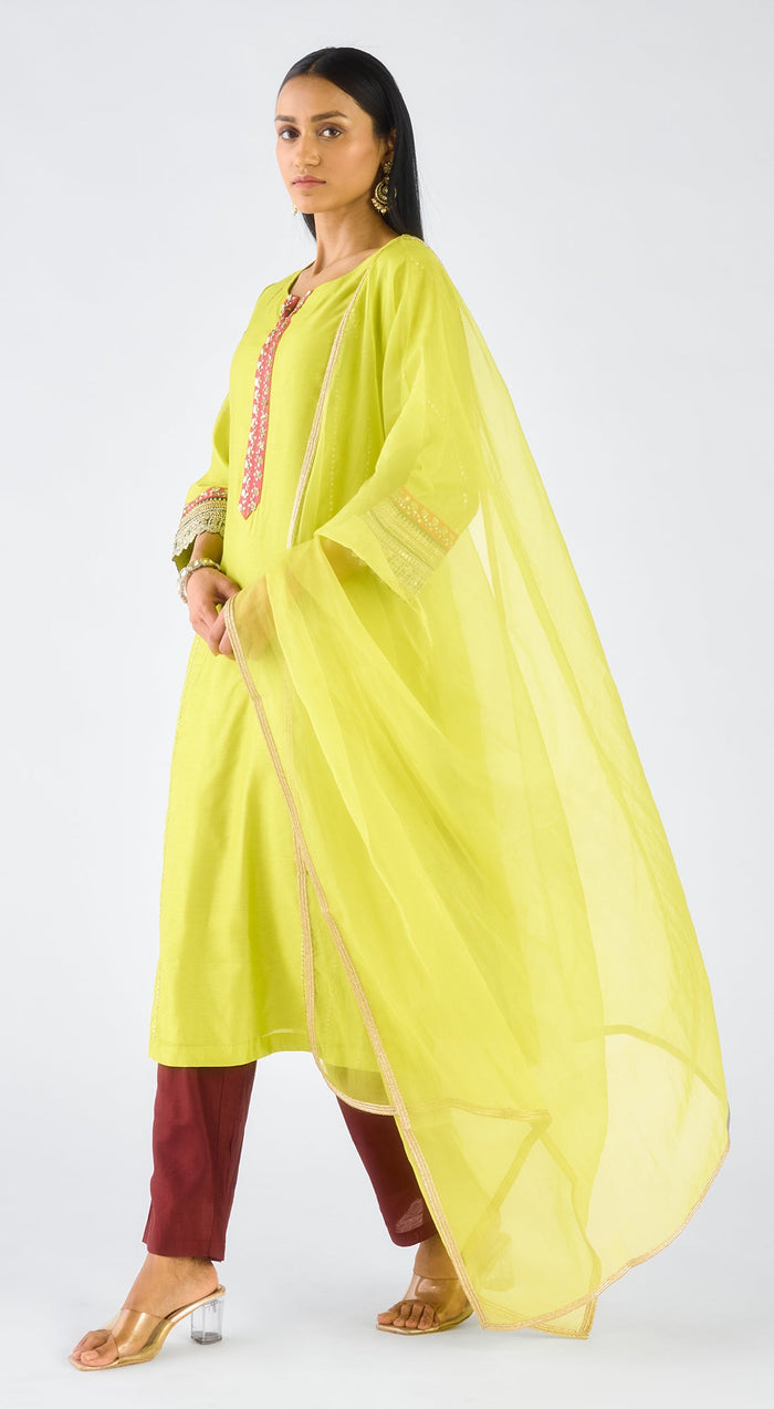 Lime Chanderi Embroidered Suit Set