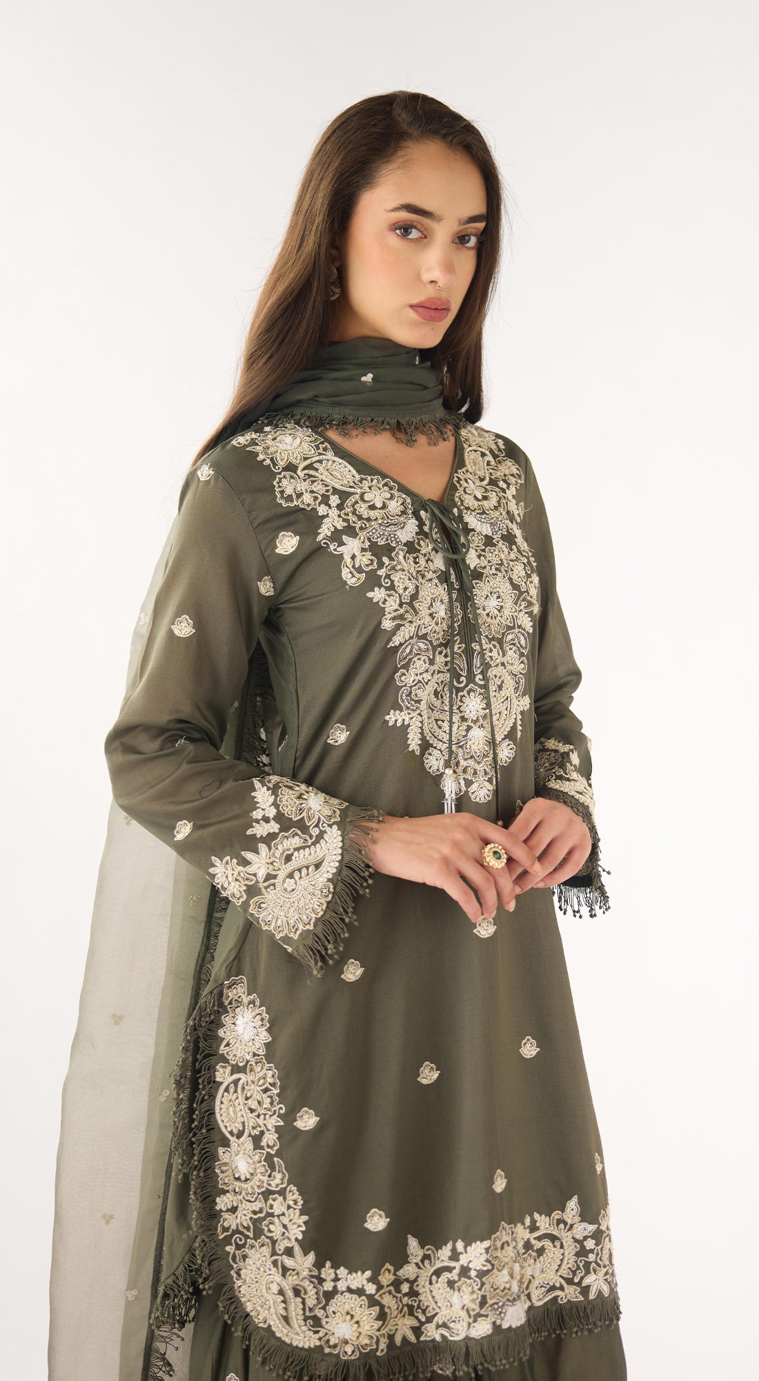 Olive Chanderi Embroidered Sharara Set