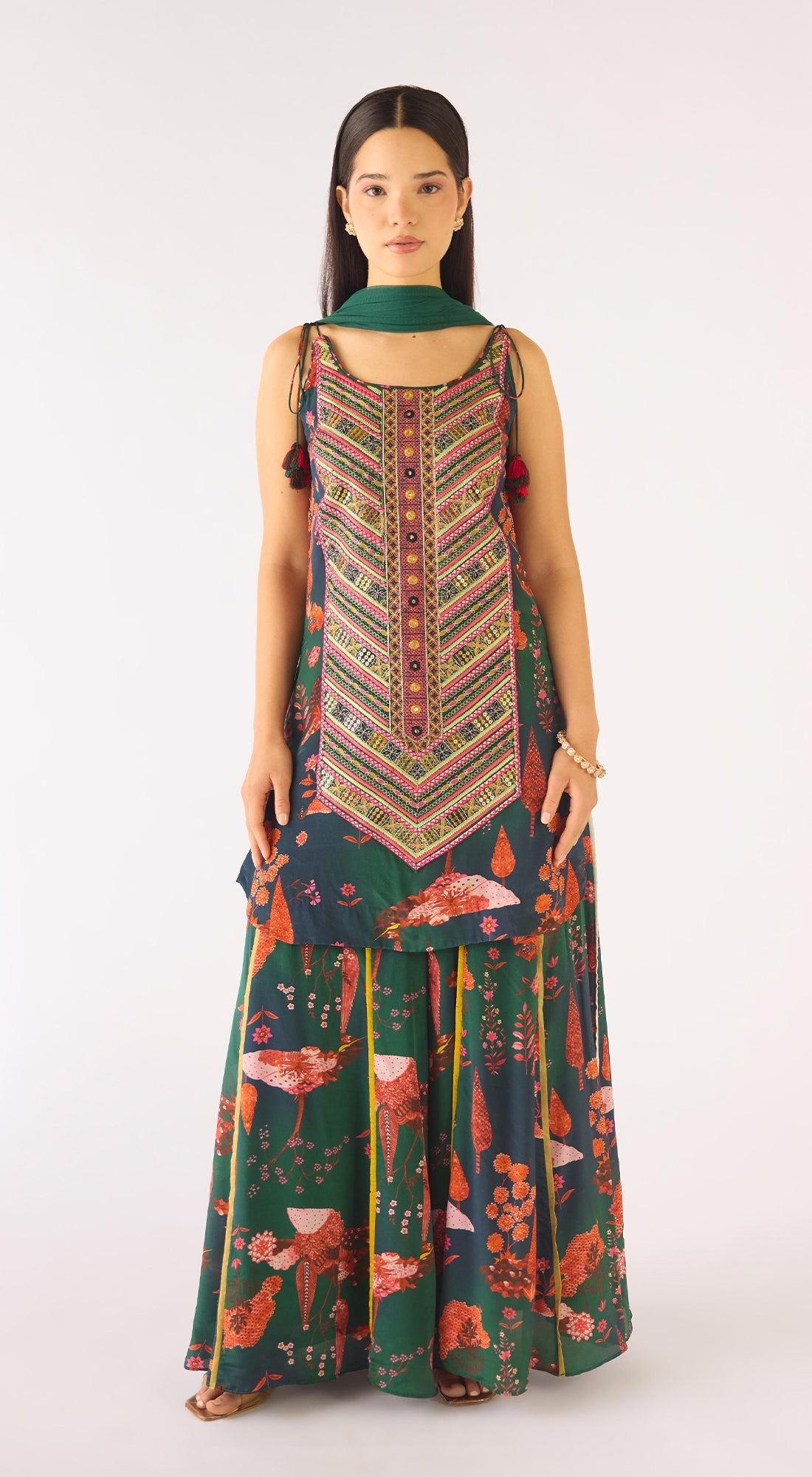 Green Crepe Embroidered Sharara Set