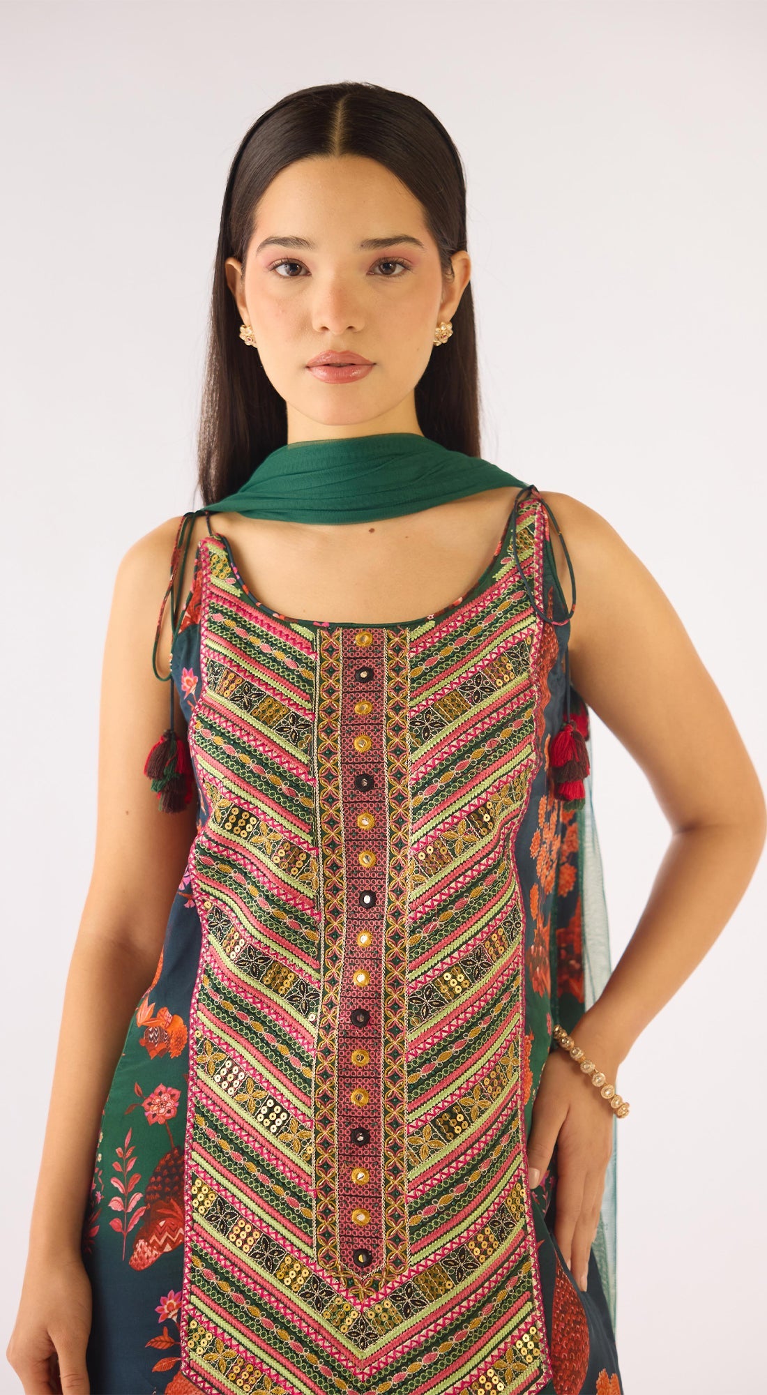 Green Crepe Embroidered Sharara Set