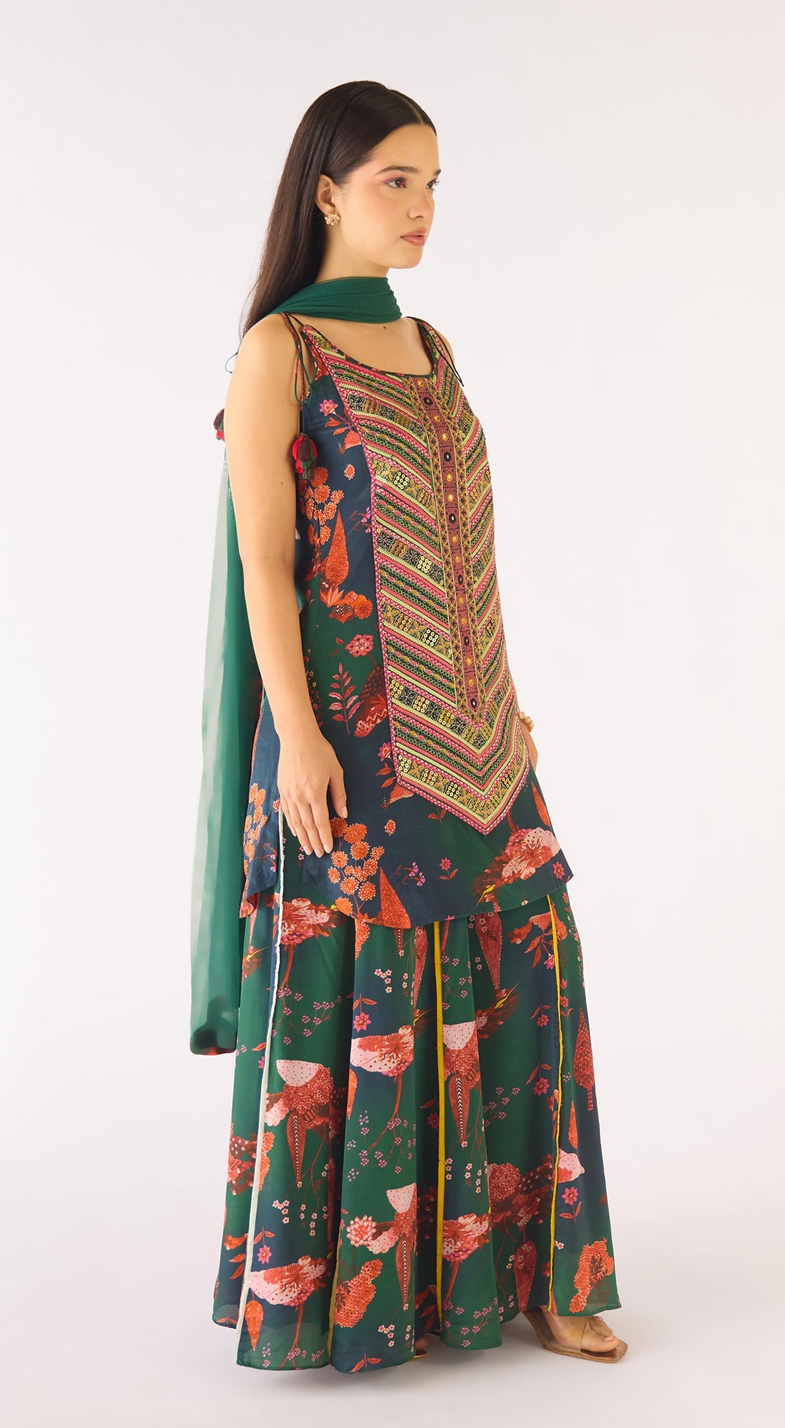 Green Crepe Embroidered Sharara Set